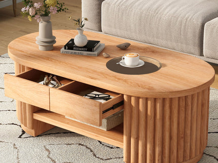 Fluted Oval Coffee Table With Drawers, 2 Tier Cocktail Table