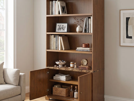 Tall Bookcase Storage Cabinet With 3 Open Shelves & Fluted Double Doors