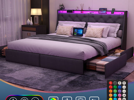 Platform Bed Frame With RGB LED Lights, Charging Station, Storage Headboard & 4 Underbed Drawers