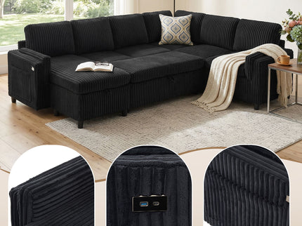 Convertible U-Shaped Sectional Sofa Bed With USB Ports And Storage