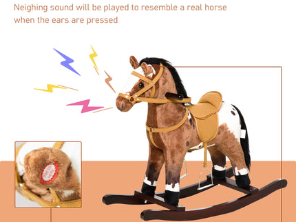 Qaba - Kids Metal Plush Ride-On Rocking Horse Chair Toy With Realistic Sounds - Dark Brown / White