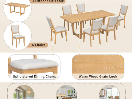 Rectangular Extendable Dining Table Set With 6 Upholstered Chairs