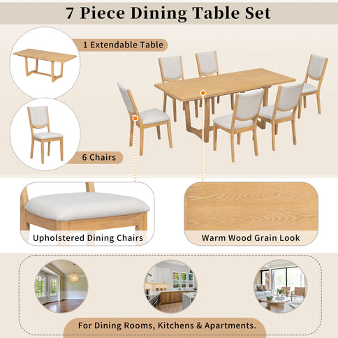 Rectangular Extendable Dining Table Set With 6 Upholstered Chairs