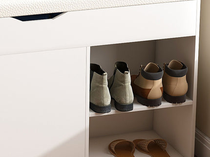 Modern Design Entryway Bench With Adjustable 3 Tier Flip-Up Drawers And Hidden Cabinet - White