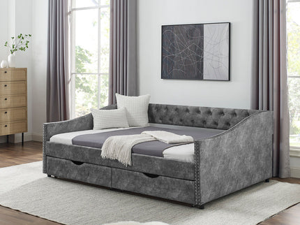 Upholstered Tufted Daybed With Drawers, Waved Arms