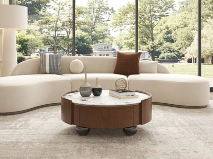 Round Coffee Table With Ball Feet, Dual Storage Drawers For Living Room - Walnut Brown