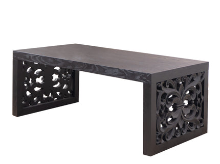 Rustic Carved Wood Coffee Table, Handcrafted Look With Ornate Side Panels