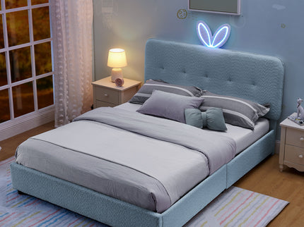 Upholstered Bed With Oversized Rabbit Ear Headboard, LED Lights & 4 Storage Drawers