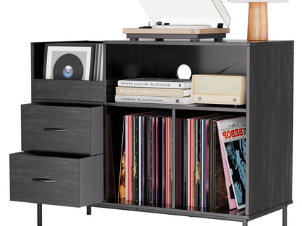 Eco-Friendly Vinyl Record Player Stand With Flip-Top Storage, Media Console With Dual Outlets And Dustproof Drawers