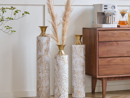 Floor Metal Vases Decorated Metal Vases (Set of 3) Gorgeous Home Decoration Large Glazed Metal Vases - White / Gold