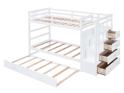 Twin Over Twin Bunk Bed With Trundle And Staircase - White