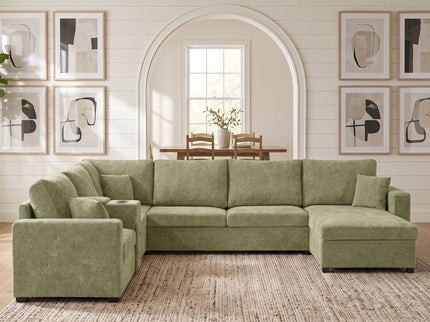 Modular 5 Seat U-Shape Sectional Sofa With Chaise Lounge, Built In Cup Holders And Storage Drawer
