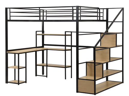 Full Size Loft Bed With Staircase, Built In Desk And Shelves And Sleeping Surface - Black