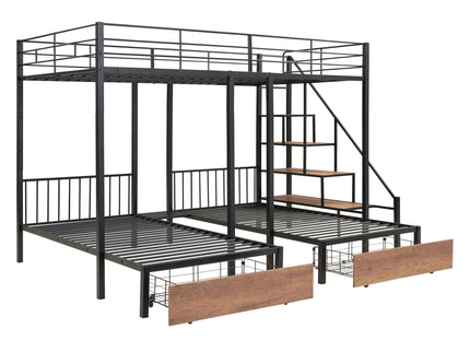 Full Over Twin-Twin Triple Bunk Bed With Drawers And Staircase - Black