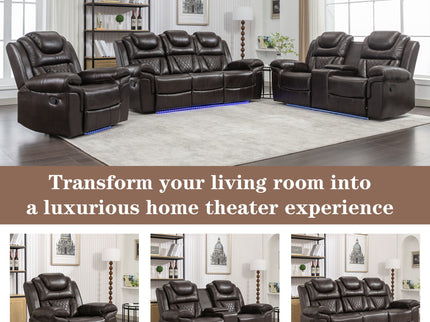 3 Pieces Recliner Sofa Sets Home Theater Seating Manual Recliner Chair & Center Console And LED Light Strip For Living Room - Brown