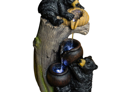 Bear Tree Stump Outdoor Water Fountain With LED Lights - Brown Gray