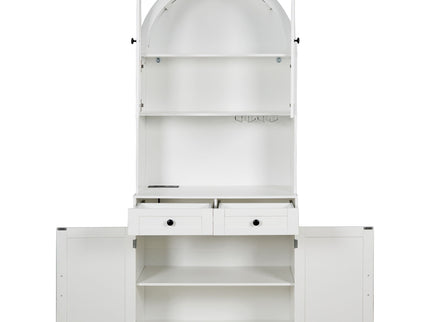 Tall Arched Pantry Cabinet With Charging Station, Adjustable Shelves, Coffee Bar