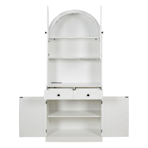 Tall Arched Pantry Cabinet With Charging Station, Adjustable Shelves, Coffee Bar