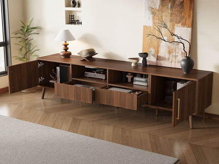 78" TV Stand For 85" TVs With Fluted Doors, Open Shelf, Cable Management - Walnut