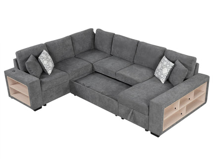 U-Shaped Sectional Sofa Pull-Out Sofa Bed With Two USB Ports, A Storage Chaise Lounge And Four Back Pillows For Living Room