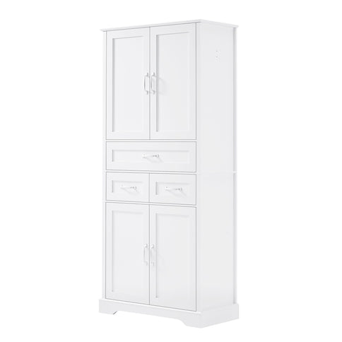 Tall Bathroom Storage Cabinet With 4 Doors 3 Drawers Adjustable Shelves - White