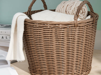 Round Cone Woven Resin Wicker Basket With Handles For Versatile Storage - Walnut Brown