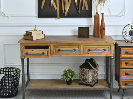 Accent Storage Console Table With Open Shelf And 3 Drawers For Living Room - Natural Wood / Brown
