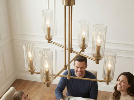 Timeless - 6 Lights Chandelier With Clear Ribbed Satin - Antique Brass / Clear / Gold