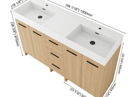 Double Sink Bathroom Vanity Set With Tall Linen Cabinet, 3 Drawers, Extra Large Storage, Integrated Sink, Freestanding Cabinet - Light Oak / White