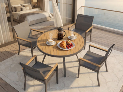 Gray Aluminum Patio Dining Set With Textilene Chairs, 5 Piece All Weather Round Table And 4 Seater For Garden, Deck, Or Porch