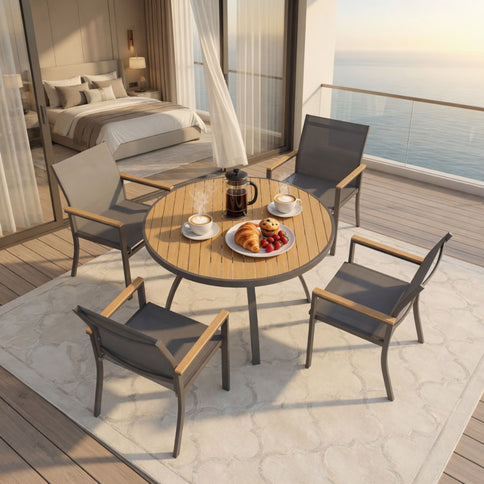 Gray Aluminum Patio Dining Set With Textilene Chairs, 5 Piece All Weather Round Table And 4 Seater For Garden, Deck, Or Porch