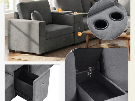 Modular 5 Seat U-Shape Sectional Sofa With Chaise Lounge, Built In Cup Holders And Storage Drawer