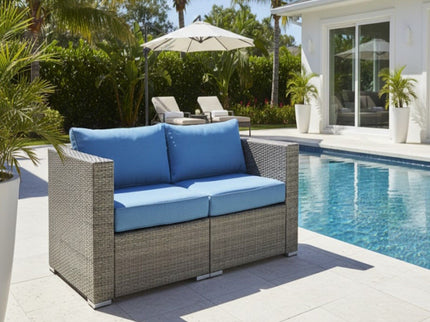 2 Piece Patio Loveseat Set With Thick Cushions, Outdoor Sectional Sofa For Balcony - Blue / Brown