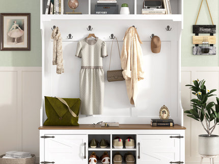 Hall Tree With Bench And Shoe Storage, 5 In 1 Entryway Organizer Cabinet With Coat Rack, 4 Shoe Cubbies & 7 Hooks - White
