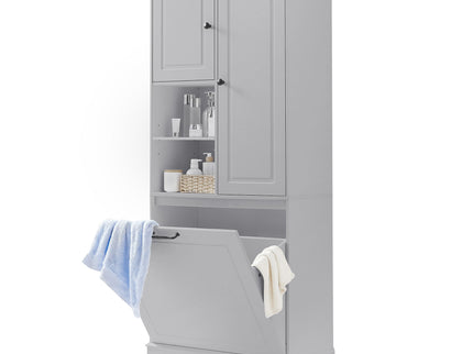 Modern Tall Storage Cabinet With Adjustable Shelves, Flip-Out Basket & Enclosed Doors