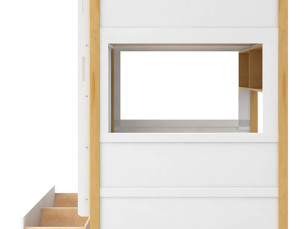 Twin Over Twin Bunk Bed With House Shaped Guardrails, Storage Shelves & Drawers - White / Natural
