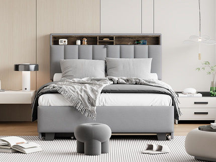 Upholstered Platform Bed With Storage Headboard, Trundle & 2 Drawers And A Set Of Sockets & USB Ports