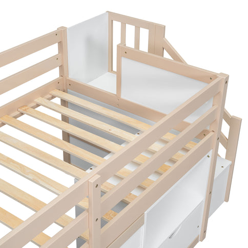 Low Loft Bed With Stair, Drawer, And Shelf