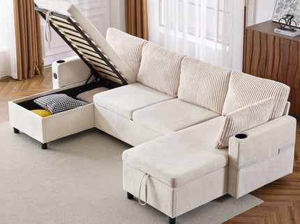 Sectional Sofa Bed With Pull Out Sleeper, USB Ports, Cup Holders