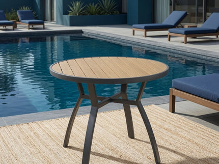 Outdoor Round Patio Table With Slatted Top - Gray