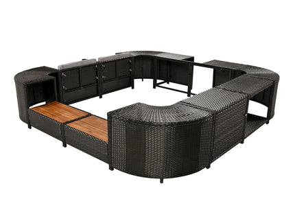 Spa Surround Spa Frame Quadrilateral Outdoor Rattan Sectional Sofa Set With Mini Sofa, Wooden Seats And Storage Spaces