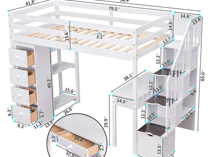 Loft Bed With Storage Drawers, Desk And Stairs With Shelves