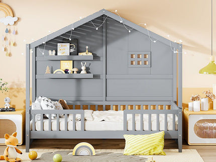 House Bed With Shelves, Window And Sparkling Light Strip On The Roof