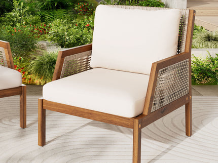 Acacia Wood Patio Furniture Club Chair, Outdoor Wicker Armchair, Deep Seating With Soft Cushions For Porch - Teak / Mix Brown