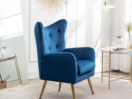 Sovarol - Velvet Button-Tufted Wing Back Accent Chair - Blue
