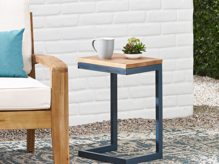 Small C Shaped End Table With Iron Base And Fir Wood Top - Black