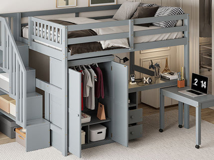 Loft Bed With Stairs, Bookshelf, Drawers, Desk & Wardrobe, Space Saving Multifunctional Furniture