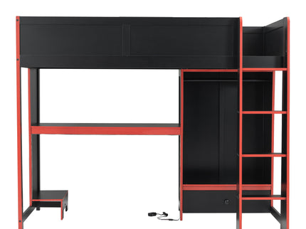 Gaming Loft Bed With Built In Desk, Wardrobe, LED Lighting And Drawer