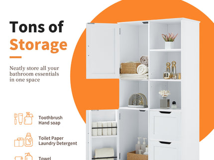 Freestanding Bathroom Storage Cabinet With Doors And Drawers, Adjustable Shelf, Open Shelves - White
