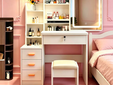 Vanity Set With LED Mirror, Storage Dressing Table & Cushioned Stool - Cream White